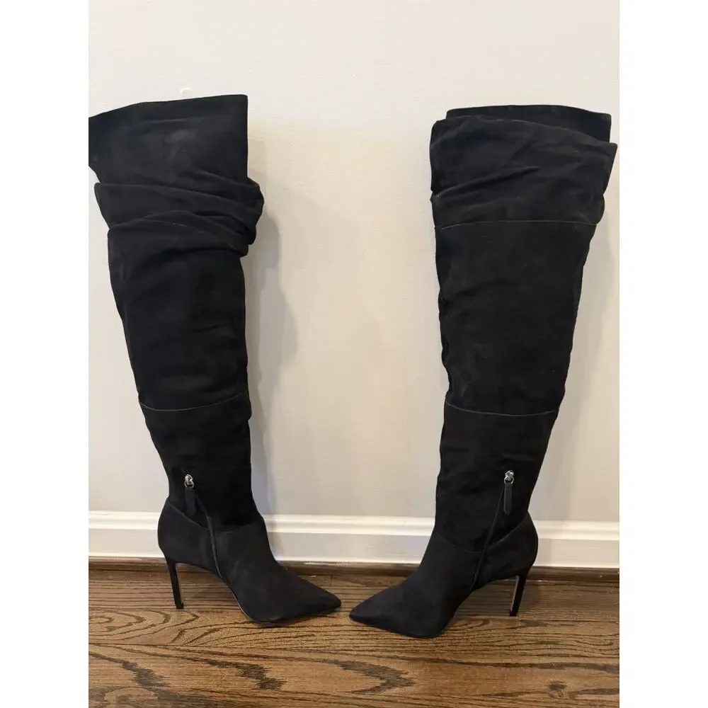 Schutz Ashlee Over The Knee Boots Black Suede Leather 8 NEW $238